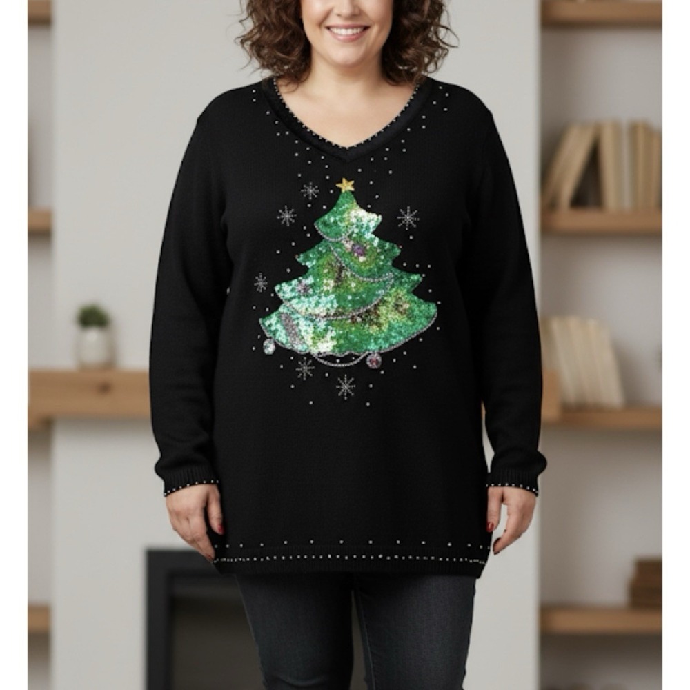 Quacker Factory Black Christmas‎ Tree Holiday V Neck Pullover Sweater Size 1X